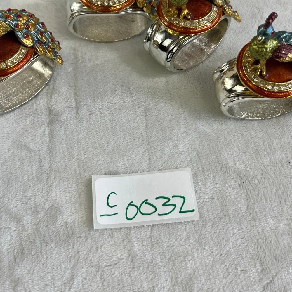 Hans Turnwald Swarovski Crystal Peacock Bird Napkin Rings Set Of 4 Silver Tone